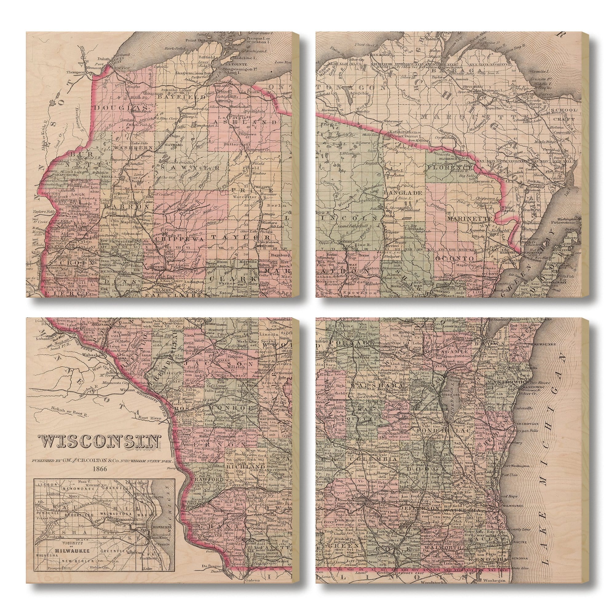 Wisconsin State Map from 1886 on Wood - hot Multi Piece Large Wood Art Print - Over the Couch or Bed Hanging Decor - Rustic & Worn Old Map